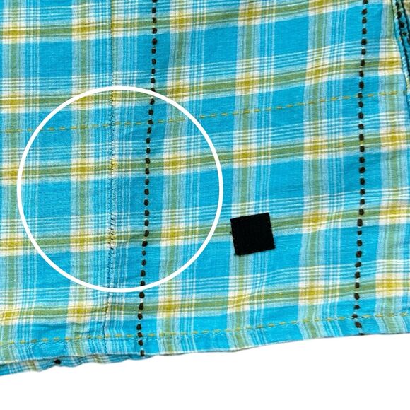 DDC Lab Button Down Shirt Mens Medium Internal Pocket Plaid Blue Mustard White - Picture 10 of 13